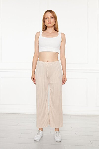 Oyga Women's Cream Ribbed Report Trousers & Tracksuits, Casual Home Wear Pajamas