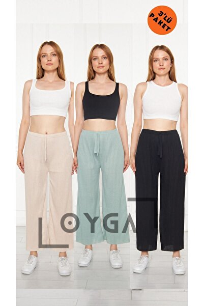 Oyga Γυναικείο πακέτο 3 τεμαχίων με ραβδωτό φαρδύ παντελόνι Basic Sleepwear