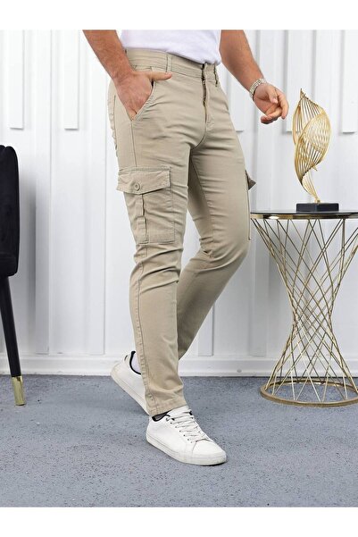 comstar Ανδρικό ελαστικό στενό κρεμ παντελόνι με τσέπες Cargo ψηλόμεσο
