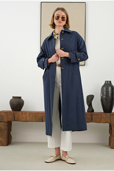 HEQA Navy Blue Double Epaulettes Trench Coat