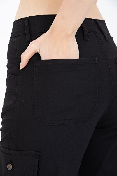 comstar Women's Cargo Pocket High Waist Narrow Leg Black Trousers