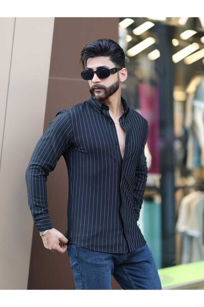DEFES Men's Regular Striped Shirt Collar Long Sleeve Soft Shirt
