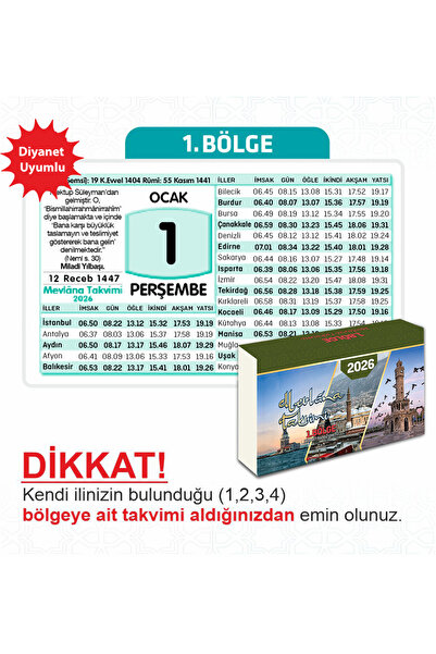 Mevlana Yapraklı Blok Duvar Takvimi 1. Bölge 2026