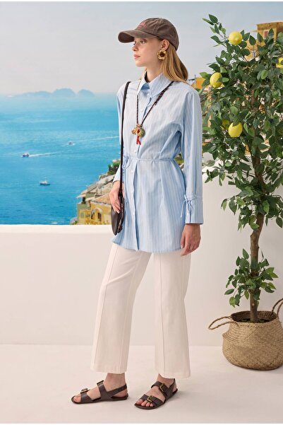 HEQA Bağcıklı Çizgili Gömlek Mavi