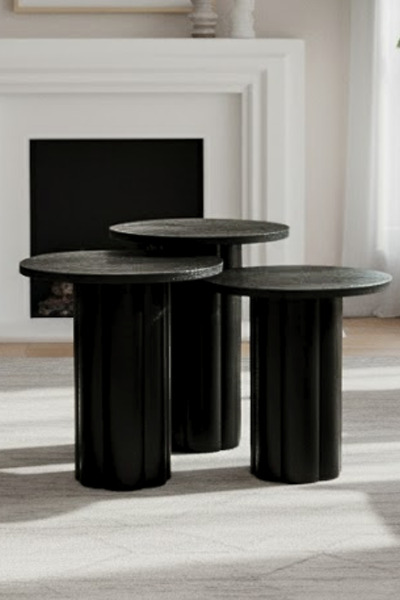 Liya Hisar 3lü Zigon Sehpa Orta Sehpa Mantar Sehpa Ahşap Bohem Yuvarlak Üçlü Sehpa MDF Siyah Renk