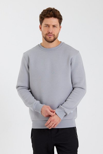 CLIPMAN Erkek Slim Fit Bisiklet Yaka 2'li Paket Sade Baskısız 3 Iplik Sweatshirt Siyah Gri