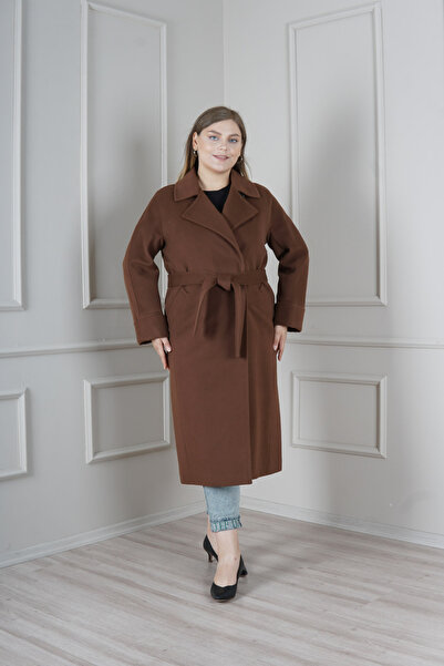 KENT Büyük Beden Kahve Uzun Kaşe Kaban Kuşaklı