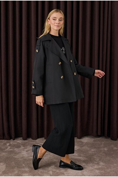 HEQA Double-Breasted Trench Coat Black