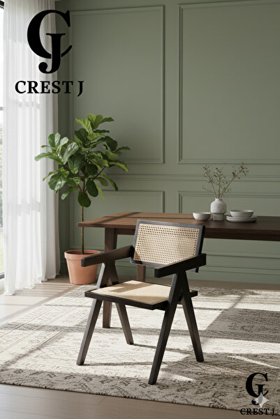 Crestj Dining Chair Made of Beech Wood and Rattan for Kitchen and Bedrooms || Black Color