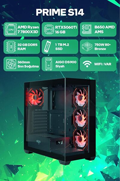 Game Garaj Prime S14 AMD Ryzen 7 7800X3D 32GB RAM 1TB SSD RTX5060Ti 16GB 360mm Sıvı Soğutma FreeDOS