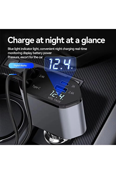 Generic 4-in-1 Retractable Car Charger – 60W Fast Charging, USB Type-C, Multi-Device, Fireproof ABS