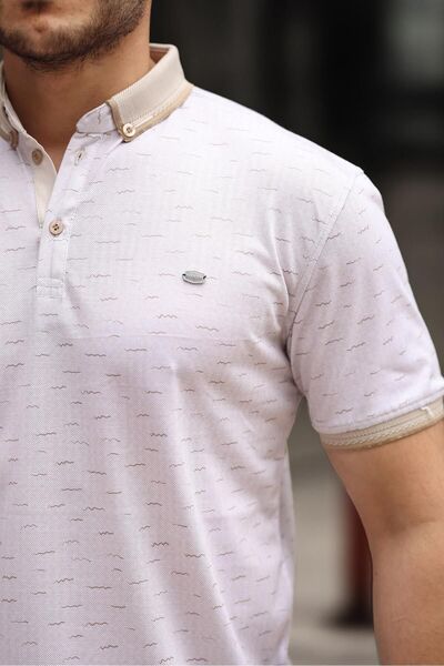 comstar Men's Patterned Summer Cream Non-Curling Polo Neck T-Shirt