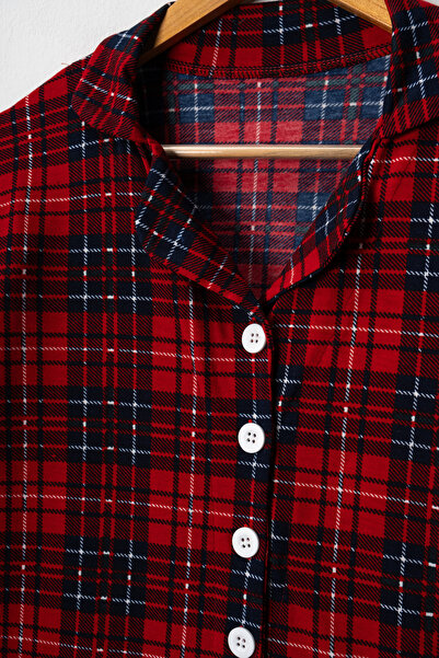 Genel Markalar Kız Çocuk Pamuklu Süet Kumaş Kırmızı Ekose Desenli Gömlek Yaka Düğmeli Uyku Gözlüklü Pijama Takımı