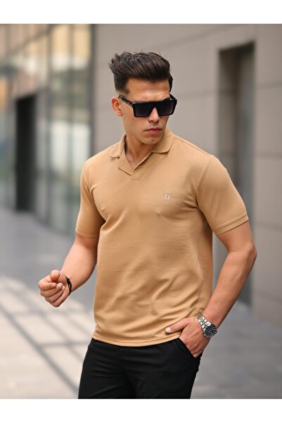 comstar Мъжка лятна кафява тениска с V-образно деколте и къс ръкав