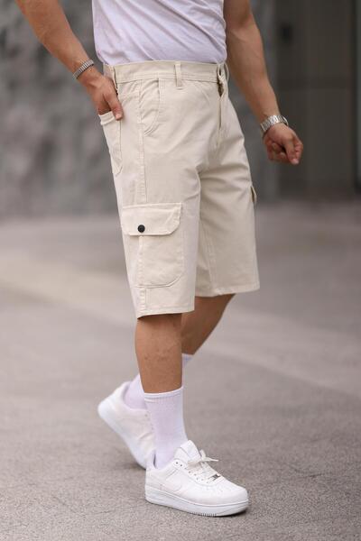 comstar Men's Cotton Loose Stretchy Cargo Pocket Ecru Capri Shorts