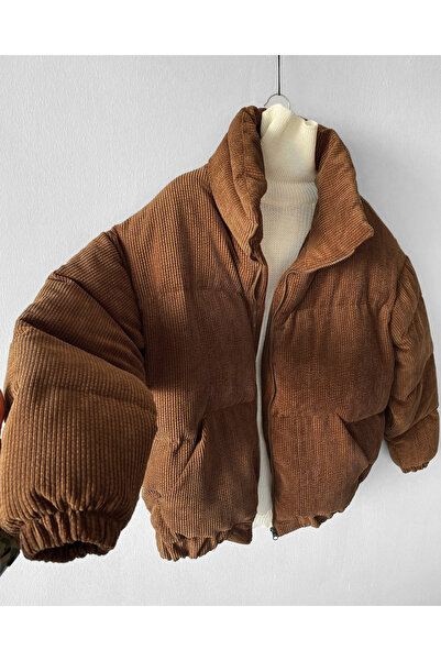 NO1 KONSEPT Καφέ ζιβάγκο βελούδινο κοτλέ φουσκωτό παλτό