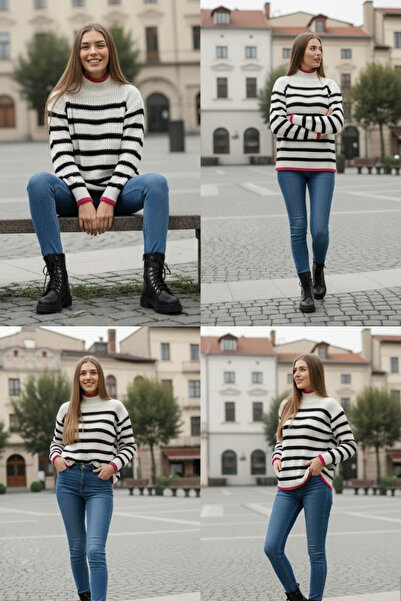 Devinka Women's White Turtleneck Striped Oversize Knitwear Sweater