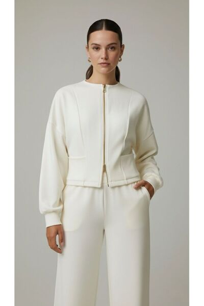 Elbikom Balon kol çift fermuarlı crop hırka