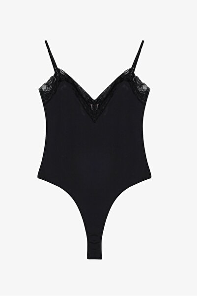 Quzu Lace Collar Strap Bodysuit Black