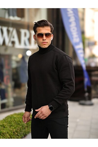 comstar Чоловічий светр з коміром-стійкою, кишенями та капюшоном, чорний