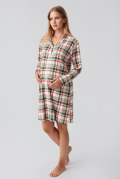 Artış Thermal Long Sleeve Button down Plaid Print Stretchy Soft Textured Nightgown