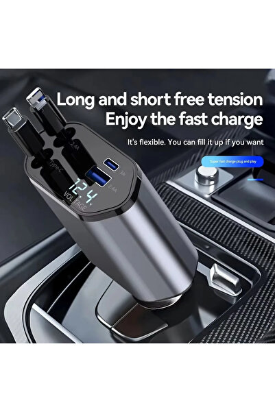 Generic 4-in-1 Retractable Car Charger – 60W Fast Charging, USB Type-C, Multi-Device, Fireproof ABS