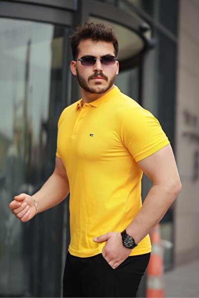 comstar Men's Short Sleeve Tight Yellow Non-Curling Polo Neck T-Shirt