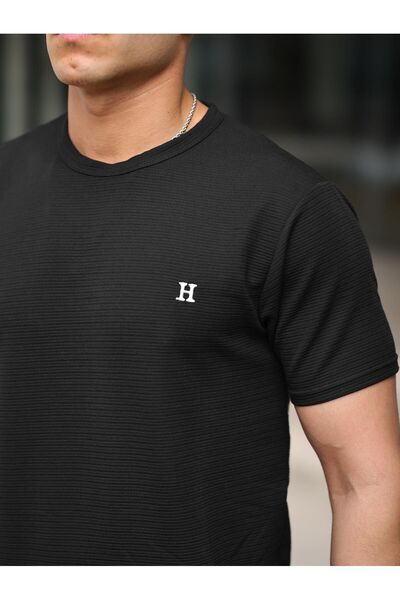 comstar Ανδρικό καλοκαιρινό μαύρο μπλουζάκι από ύφασμα βάφλα