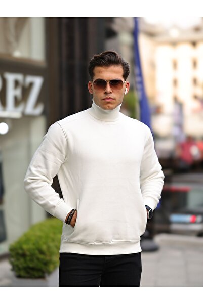 comstar Чоловічий светр з коміром-стійкою, кишенями та капюшоном, білий