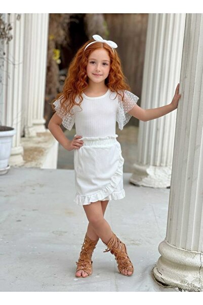 Burçak Butik Girl's White Polka Dot Blouse Skirt 2 Piece Set