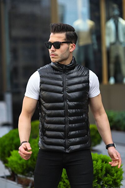 EL YAPIMI Men's Black Leather Vest Filling Fiber