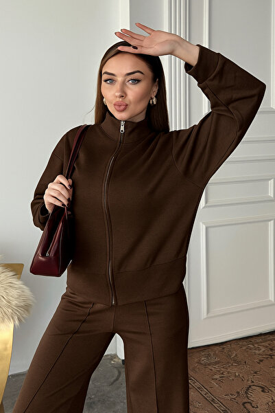 Mogi Butik Women's Modal Fabric Zippered Mock Neck Sets 3106