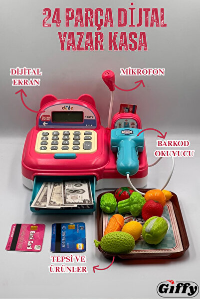 giffy Oyuncak 17 Parça Dijital Ekranlı Mikrofonlu Barkod Okuyuculu Yazar Kasa...