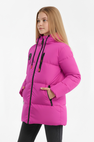 QAWWA Kız Çocuk Pembe Kapüşonlu İçi Siyah Kürklü Kuş Elyaflı Hafif Su Ve Rüzgar Geçirmez Mont