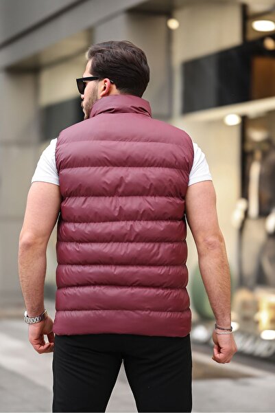 TREND YAŞAR Men's Sleeveless Zippered Pocket Basic Burgundy Puffer Vest