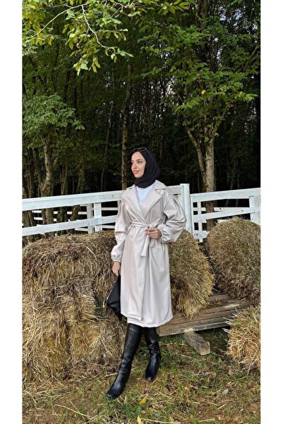 comstar Жіночий шкіряний плащ з підв'язками на талії та рукавами-балонами