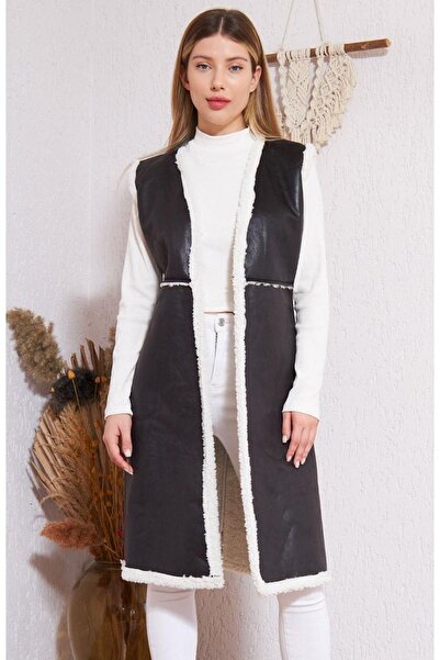 comstar Vestă de damă din blană artificială din piele artificială