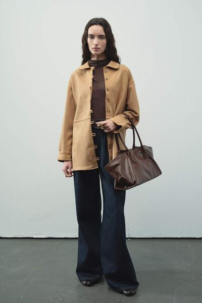 Hooopstore Πουκάμισο Suede Birit με λεπτομέρειες Camel Suede