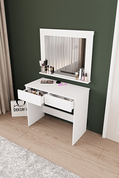 dekor fim DF02110B Aynalı Beyaz Makyaj Masası Çekmeceli Yatak Odası Düzenleyi...