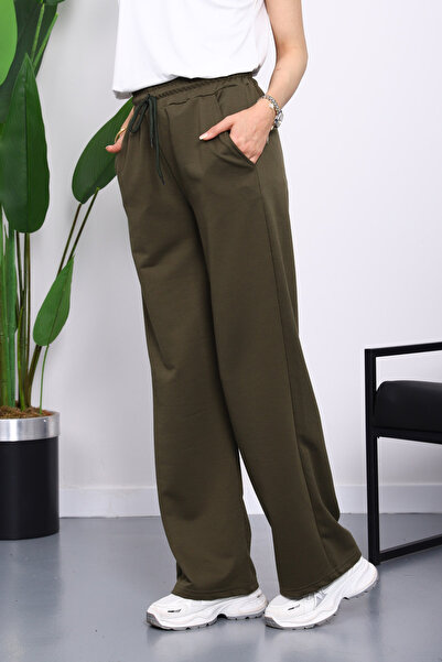 İmajButik Σκούρο χακί ελαστικό στη μέση, δύο κλωστές, παντελόνι Palazzo