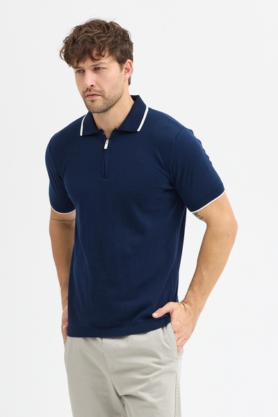 hateko Синій 100% бавовняний трикотажний футболка з напівзастібкою та поло-коміром