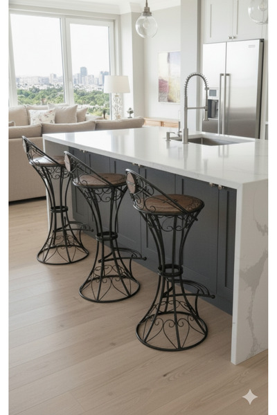 DNC Art&Deco El Oyması Ahşap Ferforje Bar Ve Makyaj Aynası Taburesi