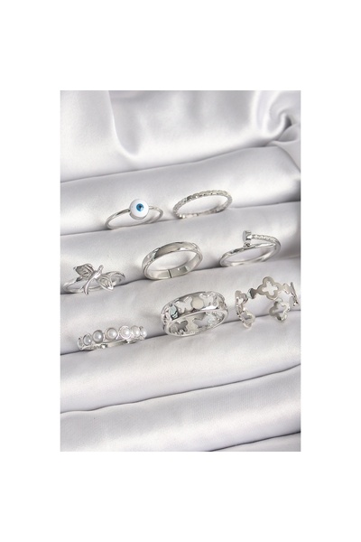 Epilons مجموعة خاتم نسائي من النحاس الفضي اللون بتفاصيل خرز عين الشر ومطرز عل...