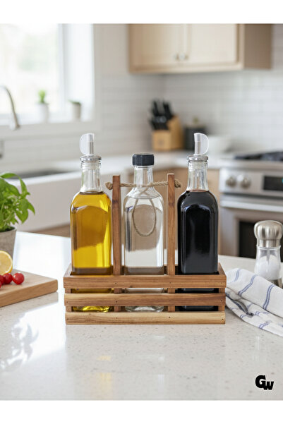 GOLDENWOODEN Ahşap Doğal 3Lü Yağdanlık ve Sosluk Takımı(KISA BAŞLIK)(SET)(KİR...