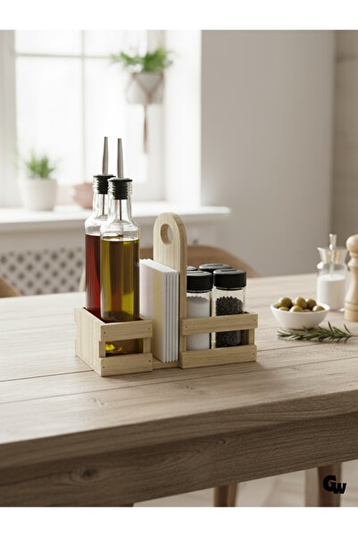 GOLDENWOODEN طقم توابل خشبي طبيعي مع وعاء زيت وحامل مناديل (رأس طويل) (طقم) (...