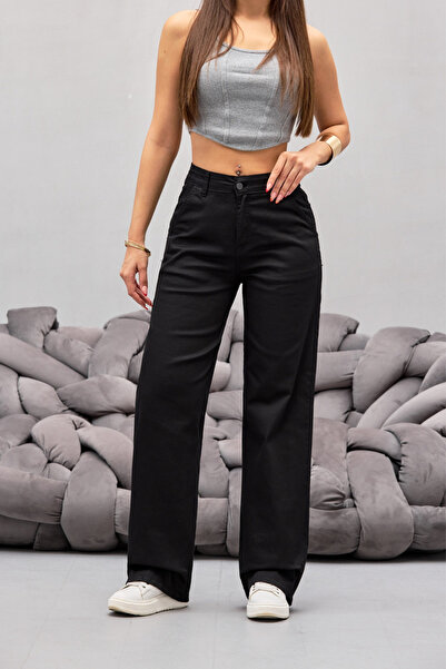 BİKELİFE Kadın Siyah Yüksek Bel Likralı Esnek Geniş Paça Palazzo Pantolon