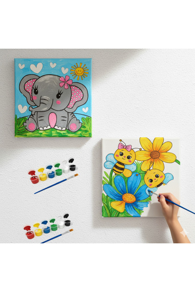 dudu ahşap OKUL - Aile Etkinliği-2'li Tuval Boyama Seti. 20x20 Cm Uv Baskı 6 Akrilik Boya 1 Fırça-model-25