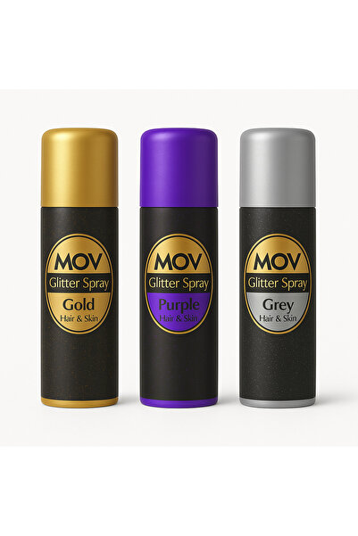 MOV Glitter Spray 3’lü Set Festival Pack – Altın + Mor + Gri - Saç ve Cilt İçin Işıltılı Simli Sprey