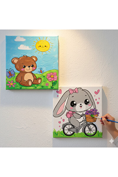 dudugift OKUL Etkinliği-2'li Tuval Boyama Seti. 20x20 Cm Uv Baskı 6 Akrilik B...