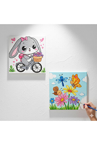 dudu ahşap OKUL Etkinliği-2'li Tuval Boyama Seti. 20x20 Cm Uv Baskı 6 Akrilik...